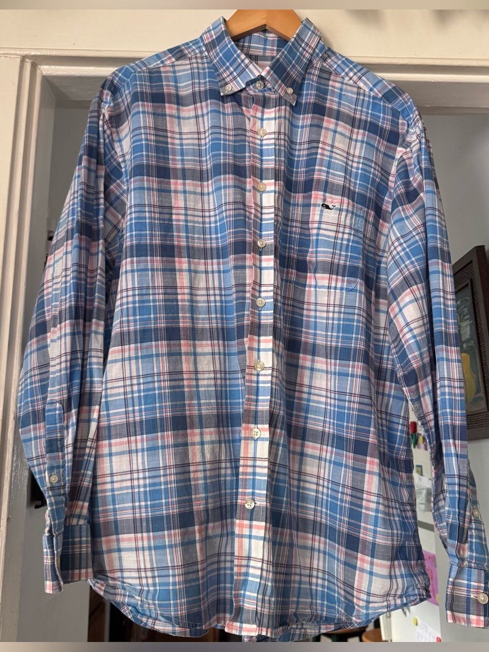 Mens Vineyard Vines Classic Fit Tucker Plaid Button Up Casual Shirtβ pink blue